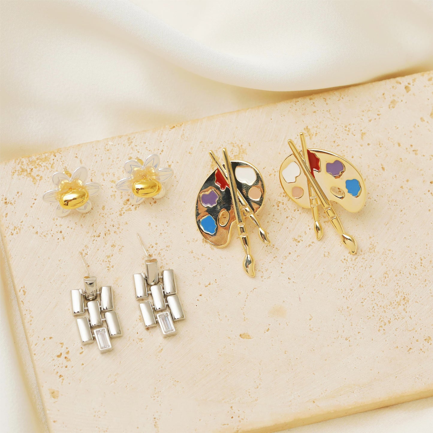 Copper 18K Gold Plated Cute Commute Inlay Scallop Flower Zircon Earrings Necklace