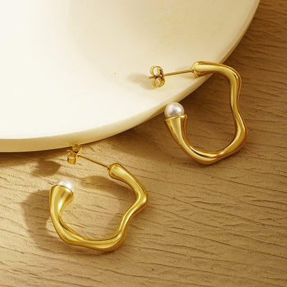 1 Pair Simple Style Classic Style C Shape Plating Inlay 304 Stainless Steel Pearl 18K Gold Plated Ear Studs