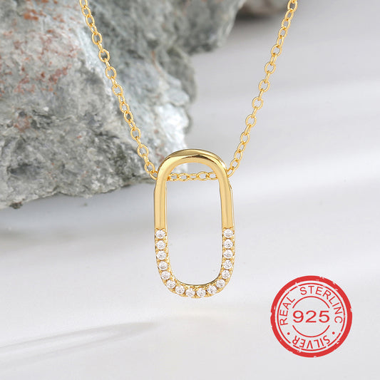 Sterling Silver 18K Gold Plated Sweet Simple Style Hollow Out Inlay Oval Bow Knot Zircon Necklace
