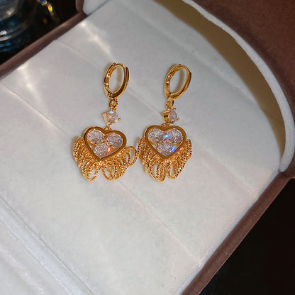 1 Pair Retro Sweet Heart Shape Inlay Copper Zircon Drop Earrings
