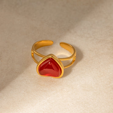 304 Stainless Steel 18K Gold Plated IG Style Inlay Heart Shape Red Agate Open Rings