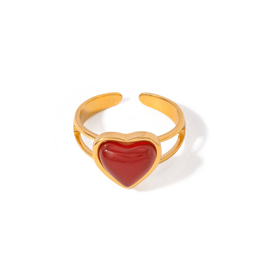 304 Stainless Steel 18K Gold Plated IG Style Inlay Heart Shape Red Agate Open Rings