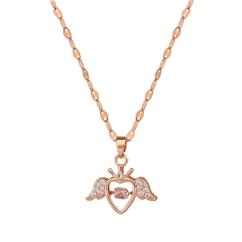 304 Stainless Steel Copper Princess Sweet Inlay Heart Shape Wings Rhinestones Pendant Necklace