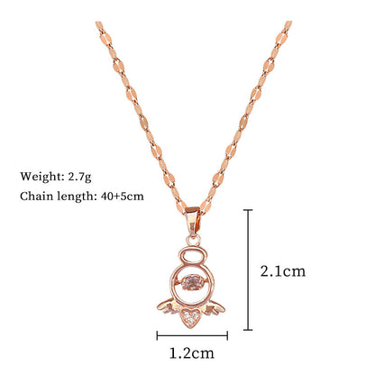 304 Stainless Steel Copper Princess Sweet Inlay Heart Shape Wings Rhinestones Pendant Necklace