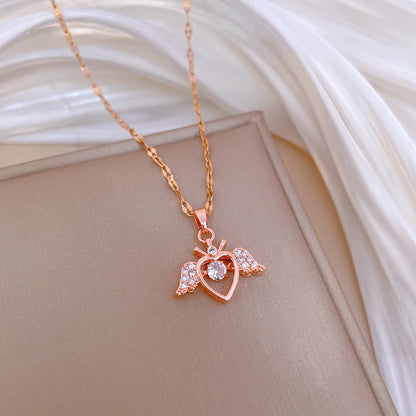 304 Stainless Steel Copper Princess Sweet Inlay Heart Shape Wings Rhinestones Pendant Necklace