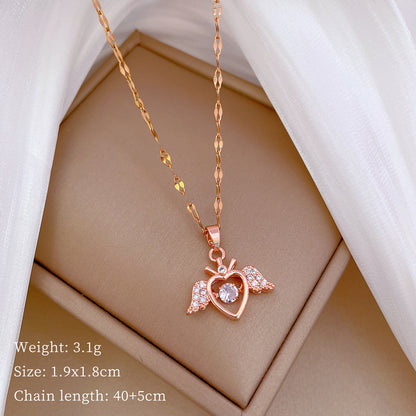 304 Stainless Steel Copper Princess Sweet Inlay Heart Shape Wings Rhinestones Pendant Necklace