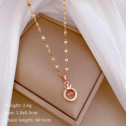 304 Stainless Steel Copper Princess Simple Style Inlay Round Crown Rhinestones Pendant Necklace