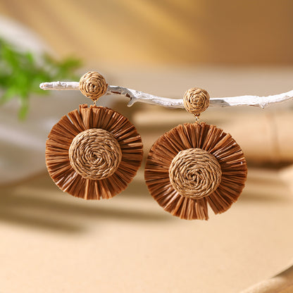 1 Pair Vacation Bohemian Flower Braid Straw Rattan Drop Earrings