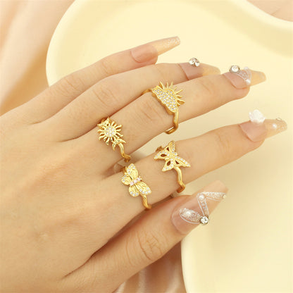 Retro Simple Style Clouds Sun Butterfly Copper Plating Inlay Zircon 18k Gold Plated Open Rings