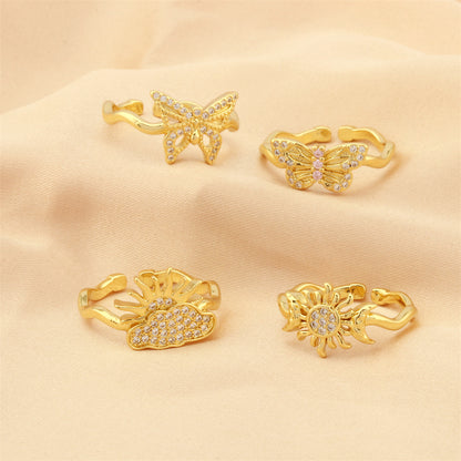 Retro Simple Style Clouds Sun Butterfly Copper Plating Inlay Zircon 18k Gold Plated Open Rings