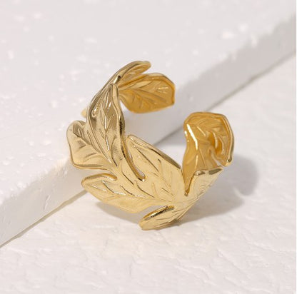 304 Stainless Steel 18K Gold Plated IG Style Pastoral Simple Style Leaves Open Rings