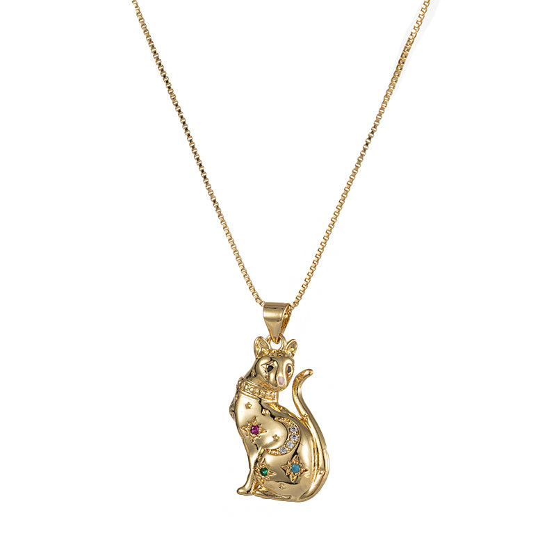 Copper Elegant Lady Sweet Plating Inlay Cat Zircon Pendant Necklace