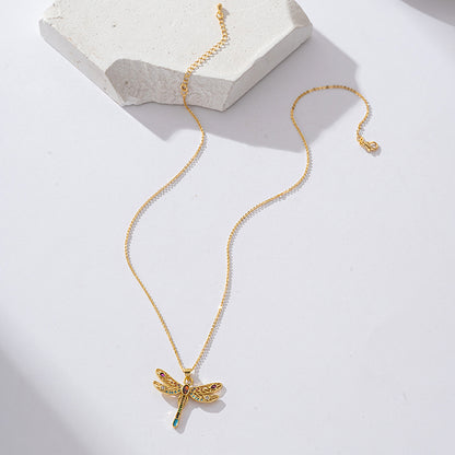 Copper Elegant Classical Romantic Plating Inlay Dragonfly Snowflake Zircon Pendant Necklace