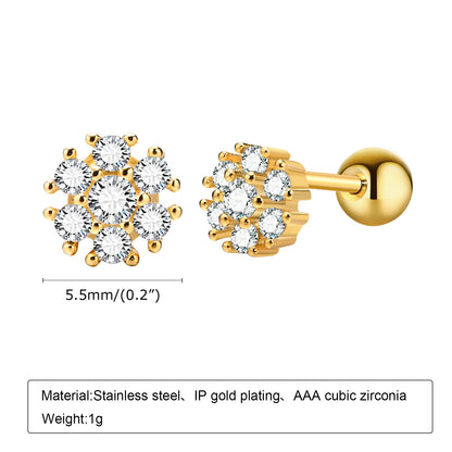 1 Piece Sweet Shiny Star Heart Shape Flower Inlay 201 Stainless Steel Zircon 18K Gold Plated Ear Studs