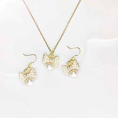 Cute Sweet Shiny Bow Knot Alloy Inlay Pearl Zircon Women's Jewelry Set