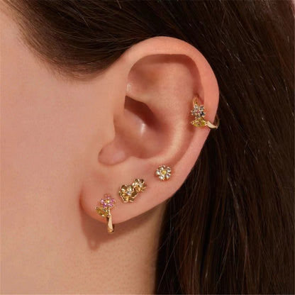 1 Pair Simple Style Classic Style Flower Plating Inlay Sterling Silver Zircon Gold Plated Earrings