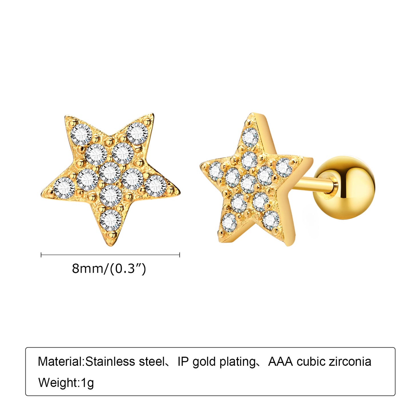 1 Piece Sweet Shiny Star Heart Shape Flower Inlay 201 Stainless Steel Zircon 18K Gold Plated Ear Studs