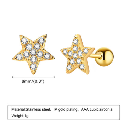 1 Piece Sweet Shiny Star Heart Shape Flower Inlay 201 Stainless Steel Zircon 18K Gold Plated Ear Studs