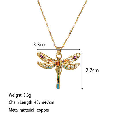 Copper Elegant Classical Romantic Plating Inlay Cross Dragonfly Zircon Pendant Necklace