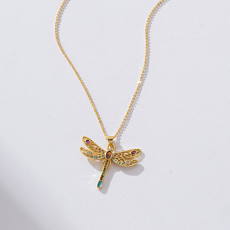 Copper Elegant Classical Romantic Plating Inlay Cross Dragonfly Zircon Pendant Necklace