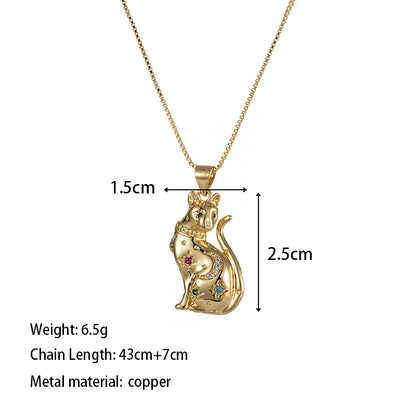 Copper Elegant Lady Sweet Plating Inlay Cat Zircon Pendant Necklace