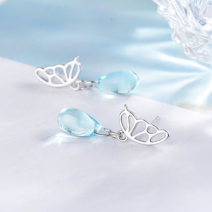 1 Pair IG Style Sweet Water Droplets Butterfly Hollow Out Artificial Crystal Copper White Gold Plated Drop Earrings