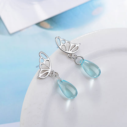 1 Pair IG Style Sweet Water Droplets Butterfly Hollow Out Artificial Crystal Copper White Gold Plated Drop Earrings