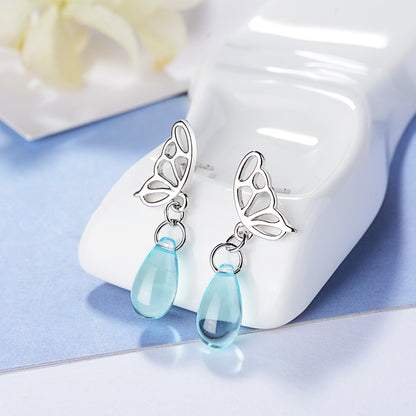 1 Pair IG Style Sweet Water Droplets Butterfly Hollow Out Artificial Crystal Copper White Gold Plated Drop Earrings