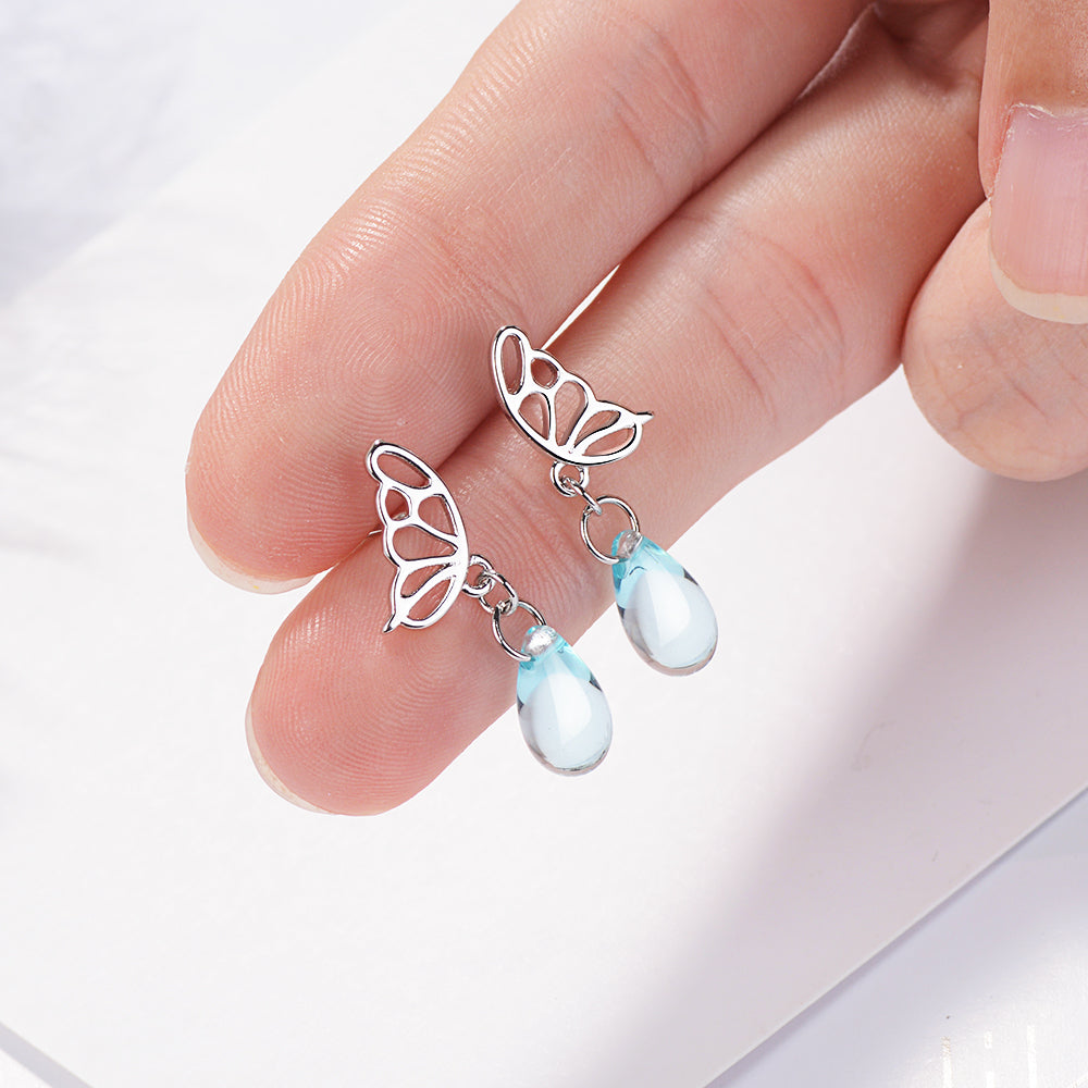 1 Pair IG Style Sweet Water Droplets Butterfly Hollow Out Artificial Crystal Copper White Gold Plated Drop Earrings