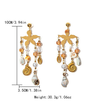 1 Pair Elegant Luxurious Starfish Conch Plating 304 Stainless Steel Crystal Pearl Shell Gold Plated Drop Earrings