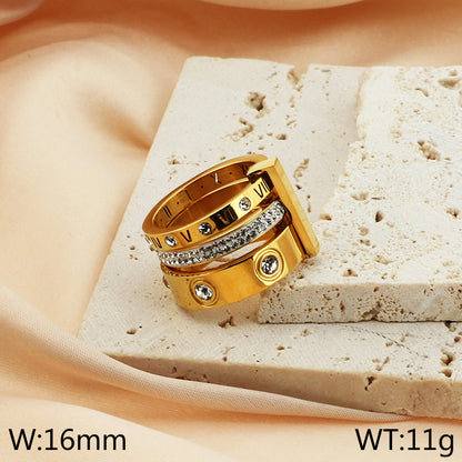 Titanium Steel 18K Gold Plated Basic Letter Inlay Rhinestones Rings