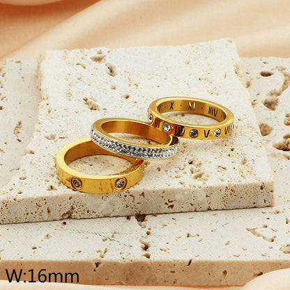 Titanium Steel 18K Gold Plated Basic Letter Inlay Rhinestones Rings