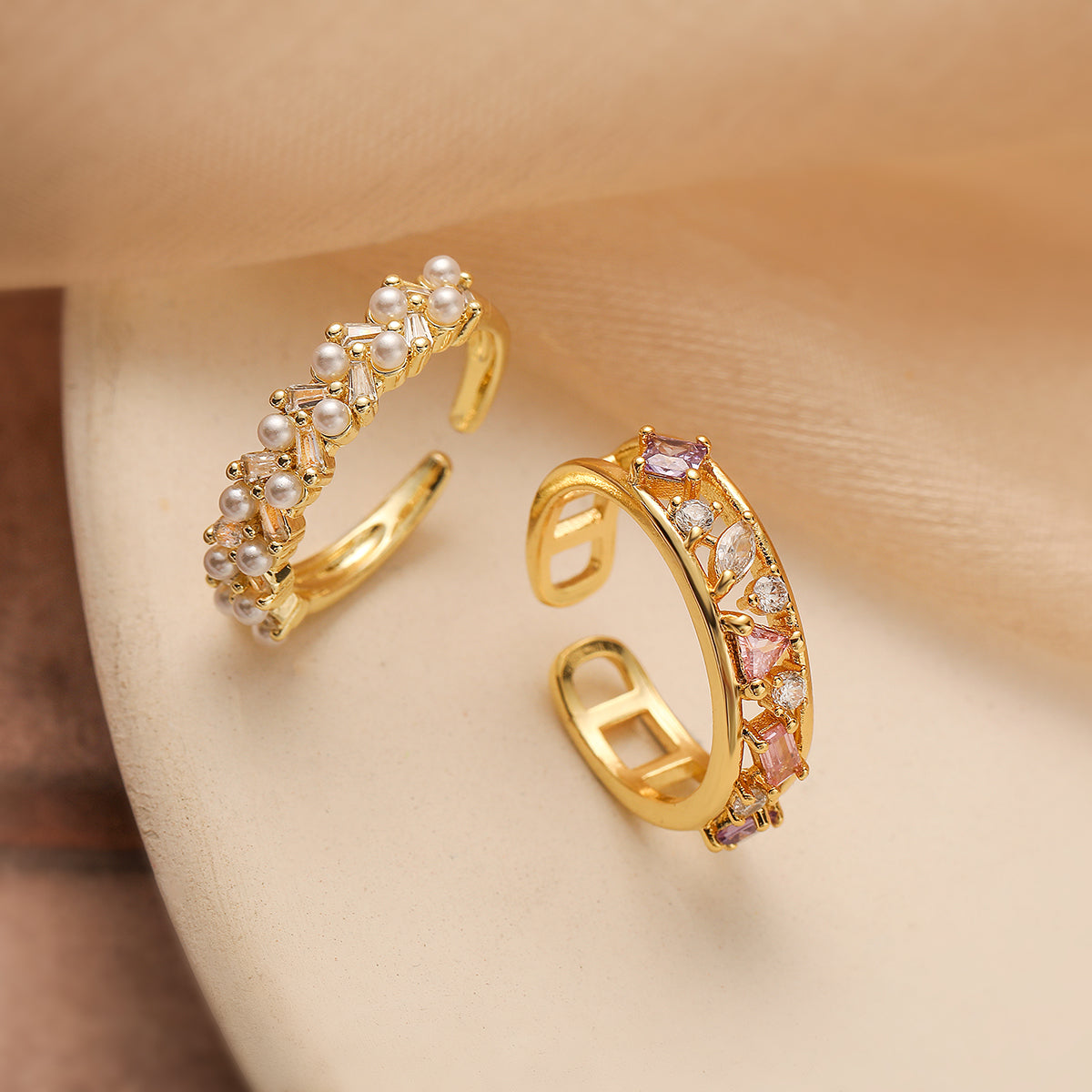 Simple Style Geometric Copper Plating Inlay Artificial Pearls Zircon 18k Gold Plated Open Rings