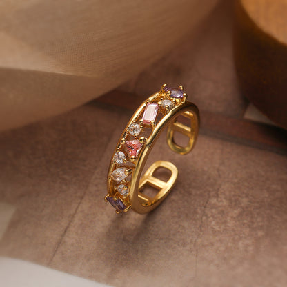 Simple Style Geometric Copper Plating Inlay Artificial Pearls Zircon 18k Gold Plated Open Rings