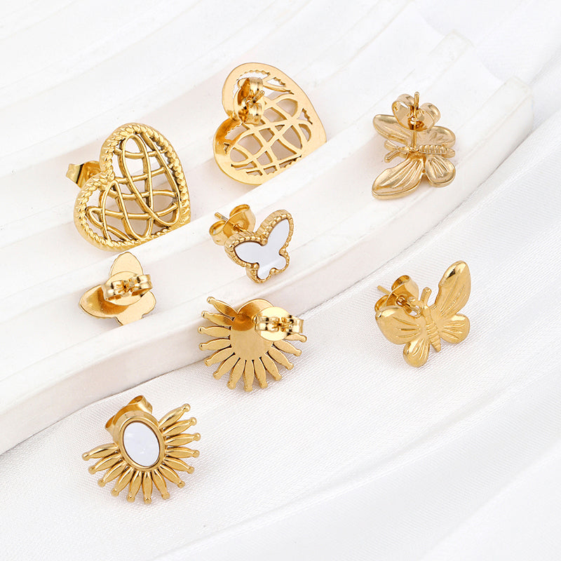 Sweet Heart Shape Butterfly Stainless Steel Plating Hollow Out Inlay Acrylic 18k Gold Plated Ear Studs