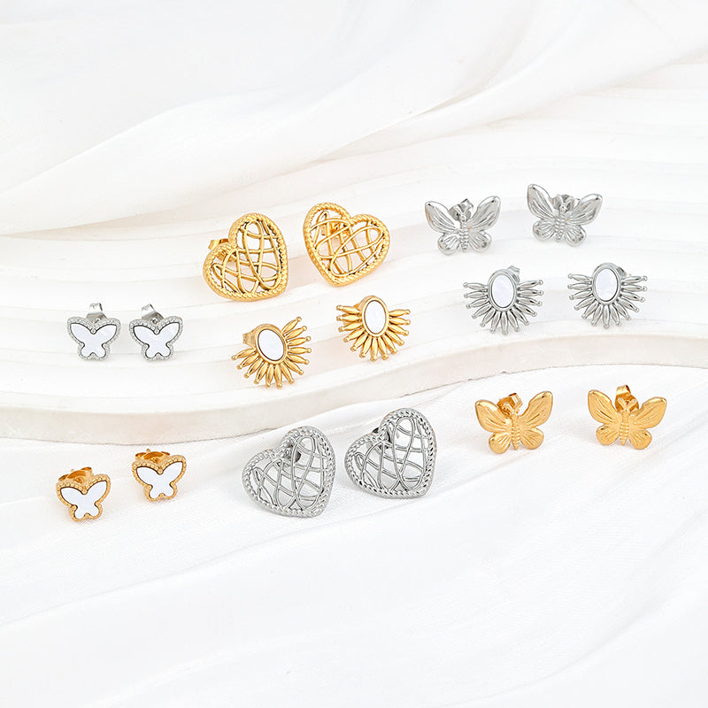 Sweet Heart Shape Butterfly Stainless Steel Plating Hollow Out Inlay Acrylic 18k Gold Plated Ear Studs