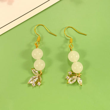 1 Pair Elegant Sweet Cherry Rhombus Butterfly Plating Inlay Natural Stone Copper Zircon 18K Gold Plated Drop Earrings