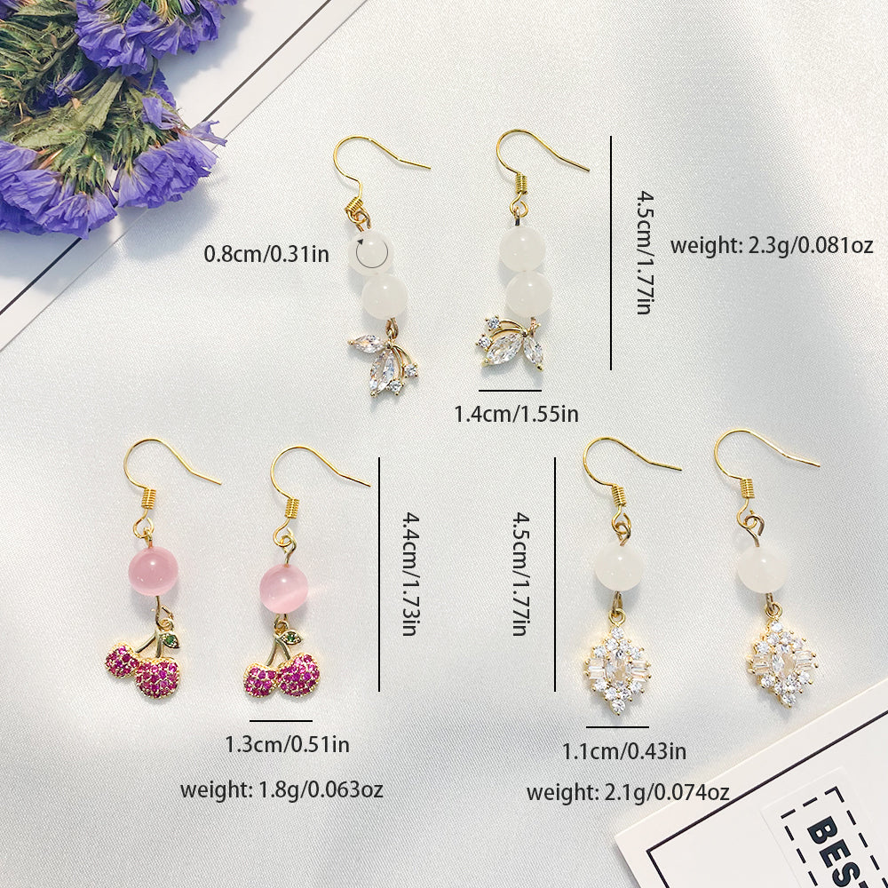 1 Pair Elegant Sweet Cherry Rhombus Butterfly Plating Inlay Natural Stone Copper Zircon 18K Gold Plated Drop Earrings