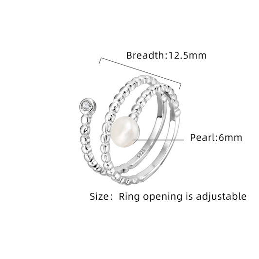 Sterling Silver White Gold Plated Elegant Glam Luxurious Inlay Lines Pearl Zircon Open Rings