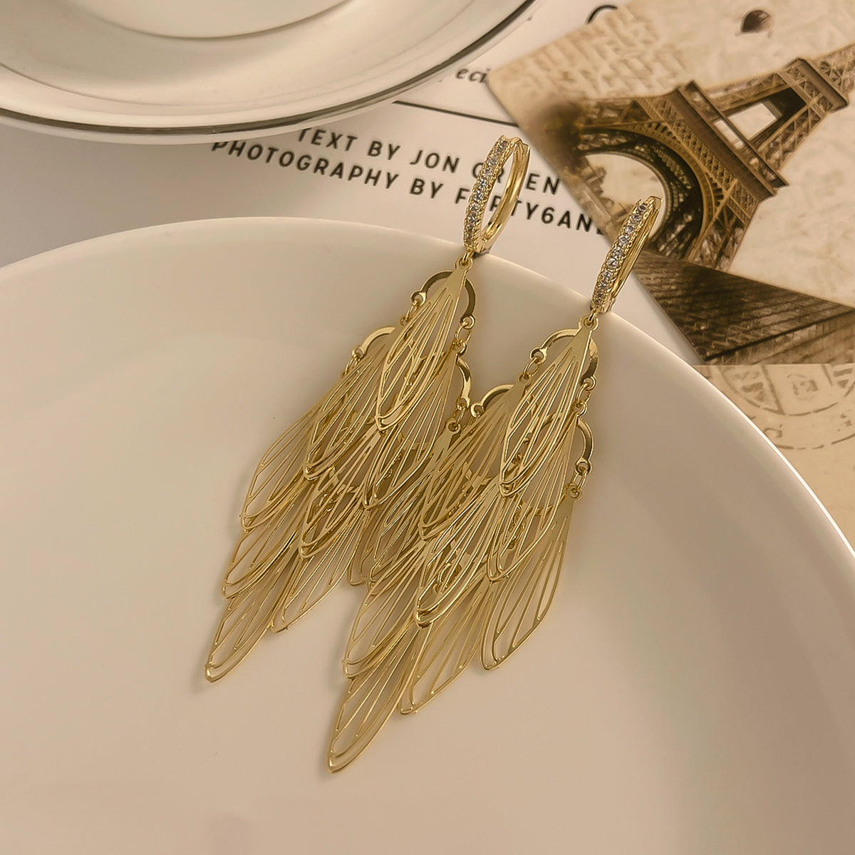 1 Pair Elegant Pastoral Shiny Leaf Tassel Plating Hollow Out Copper 14K Gold Plated Drop Earrings