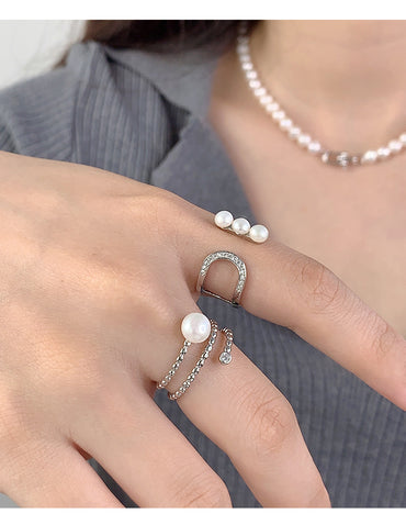 Sterling Silver White Gold Plated Elegant Glam Plating Inlay Semicircle Pearl Zircon Open Rings