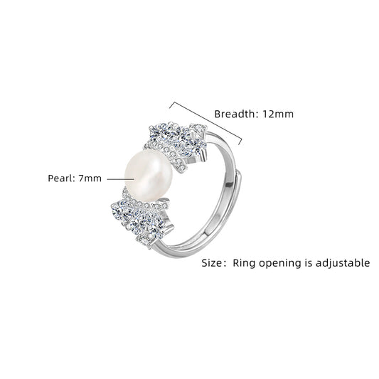 Sterling Silver White Gold Plated Elegant Glam Plating Inlay Solid Color Pearl Zircon Open Rings