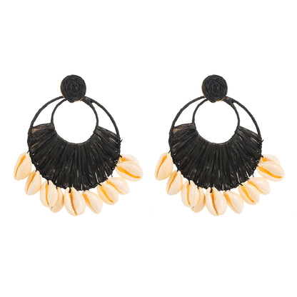 1 Pair Ethnic Style Beach Color Block Braid Raffia Shell Drop Earrings