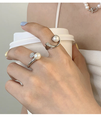 Sterling Silver White Gold Plated Elegant Glam Polishing Plating Inlay Solid Color Pearl Zircon Open Rings