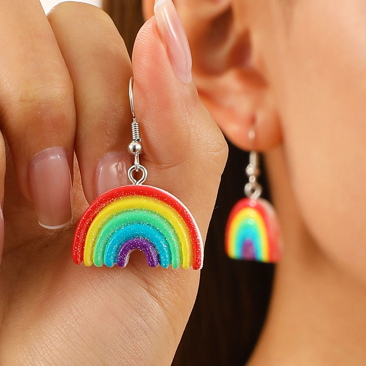 1 Pair Cute Simple Style Rainbow Plastic Resin Dangling Earrings