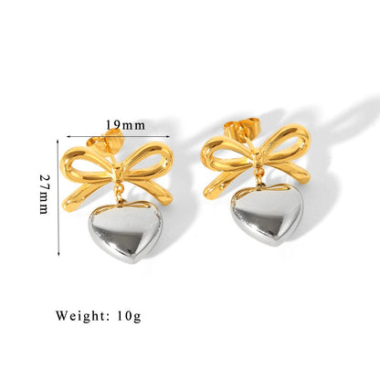 1 Pair Sweet Simple Style Heart Shape Bow Knot 304 Stainless Steel 18K Gold Plated Drop Earrings