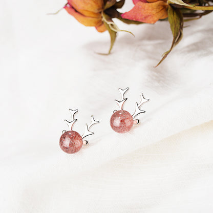 1 Pair Simple Style Classic Style Antlers Inlay Copper Strawberry Quartz Ear Studs