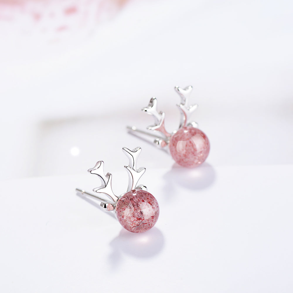 1 Pair Simple Style Classic Style Antlers Inlay Copper Strawberry Quartz Ear Studs