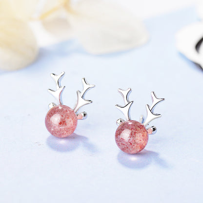1 Pair Simple Style Classic Style Antlers Inlay Copper Strawberry Quartz Ear Studs
