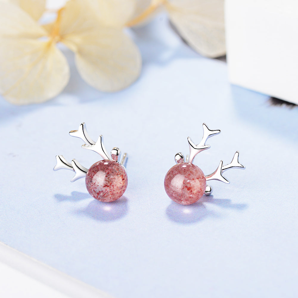 1 Pair Simple Style Classic Style Antlers Inlay Copper Strawberry Quartz Ear Studs